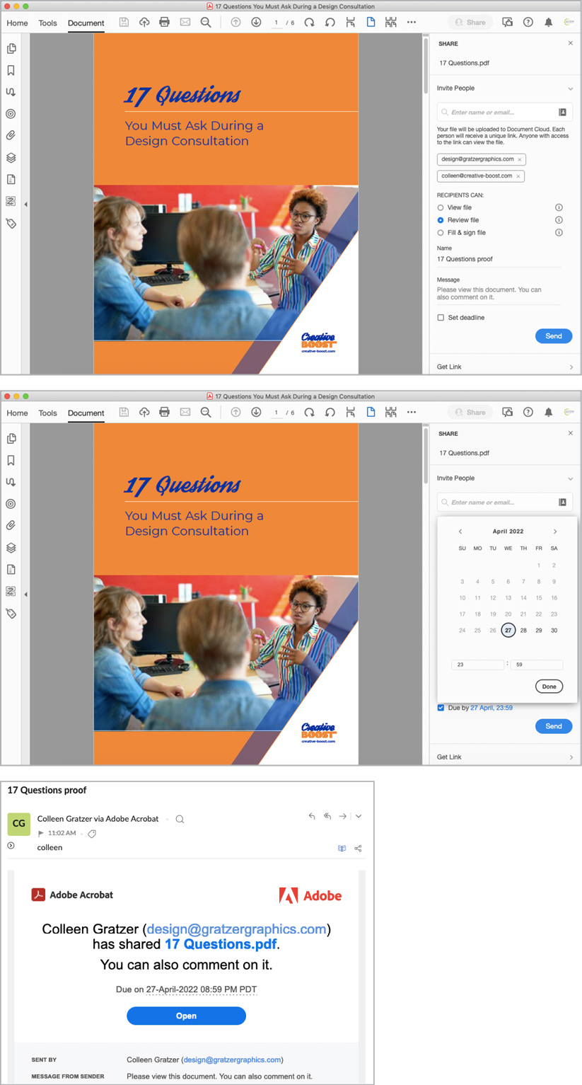 Figure 15. With Send for Comments, you can invite people to review the file (A) and set deadlines and other parameters for their interaction with the project (B). They will receive an email with links and instructions (C).