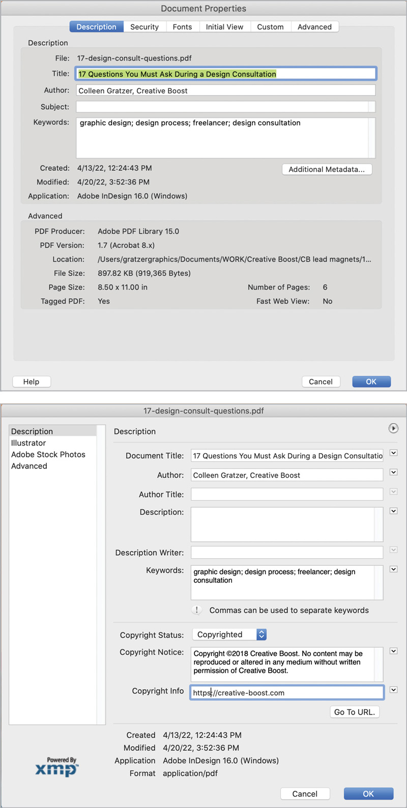 Figure 26. You can add all sorts of metadata to your PDF, including attribution of authorship and copyright information.