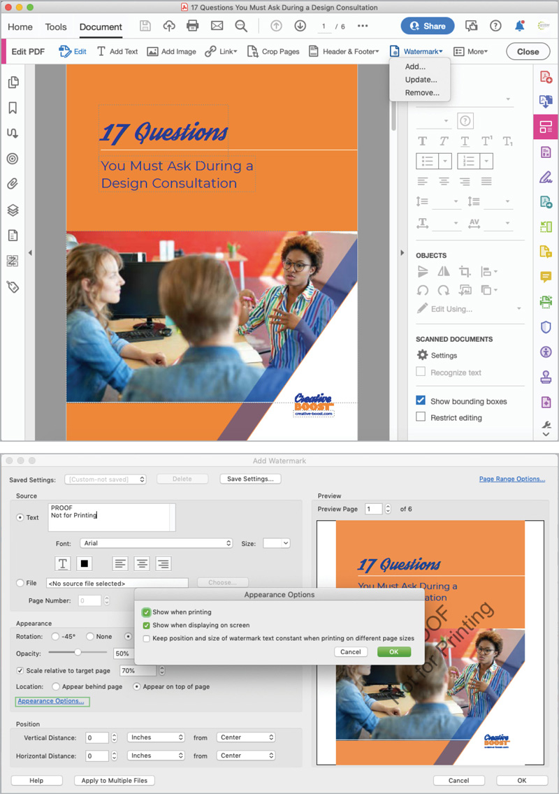 Figure 27. Add Watermark lets you overlay text or an image to each page of your PDF. You can control its rotation, opacity, size, and placement (A), as well as whether it will appear on screen or in print (B).