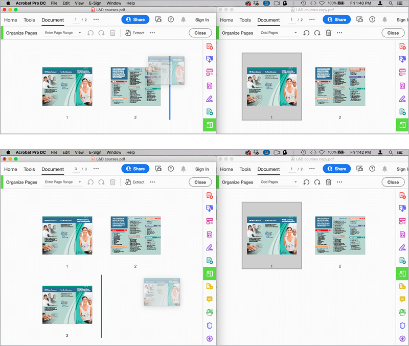 Figure 11, this page and next. Drag duplicates of the outside page of your brochure design into your PDF, and then use Acrobat’s Crop tool to eliminate all but the individual panels, in the order that gives the reader of the digital file the same reading experience as the printed product.