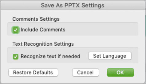 Figure 21. PDFs can become slide decks, with options for their export from Acrobat.
