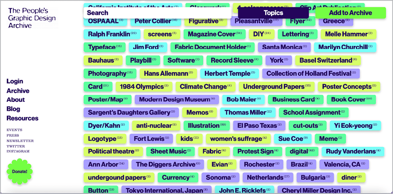 Figure 4. The Topics button on the front page allows you to search the Archive by tag. Topics are sorted by color, with lime green for user-added tags, bright green for formats, blue for designers and publishers, and purple for locations.