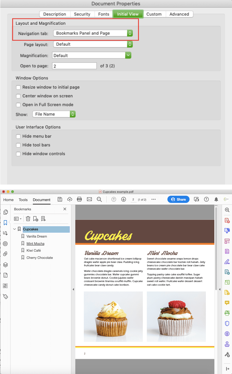 Figure 5. To make bookmarks immediately visible in the initial view of documents opened in Acrobat, enable the Navigation tab.