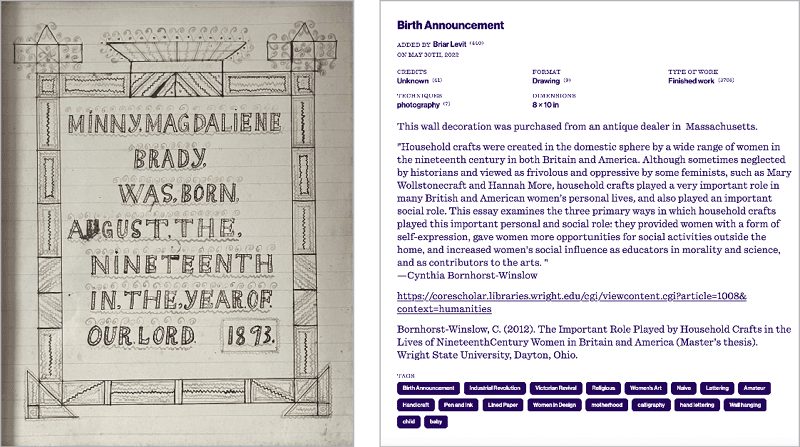 Figure 6. Entries like this hand-lettered birth announcement from 1893 illustrate the PGDA’s goal to expand and diversify graphic design history.