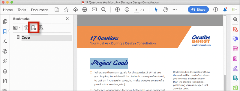 Figure 7. Create a bookmark manually by selecting text and clicking the New Bookmark icon (highlighted). You can rename the bookmark by selecting the name Untitled and selecting Rename from the context menu (right-click).