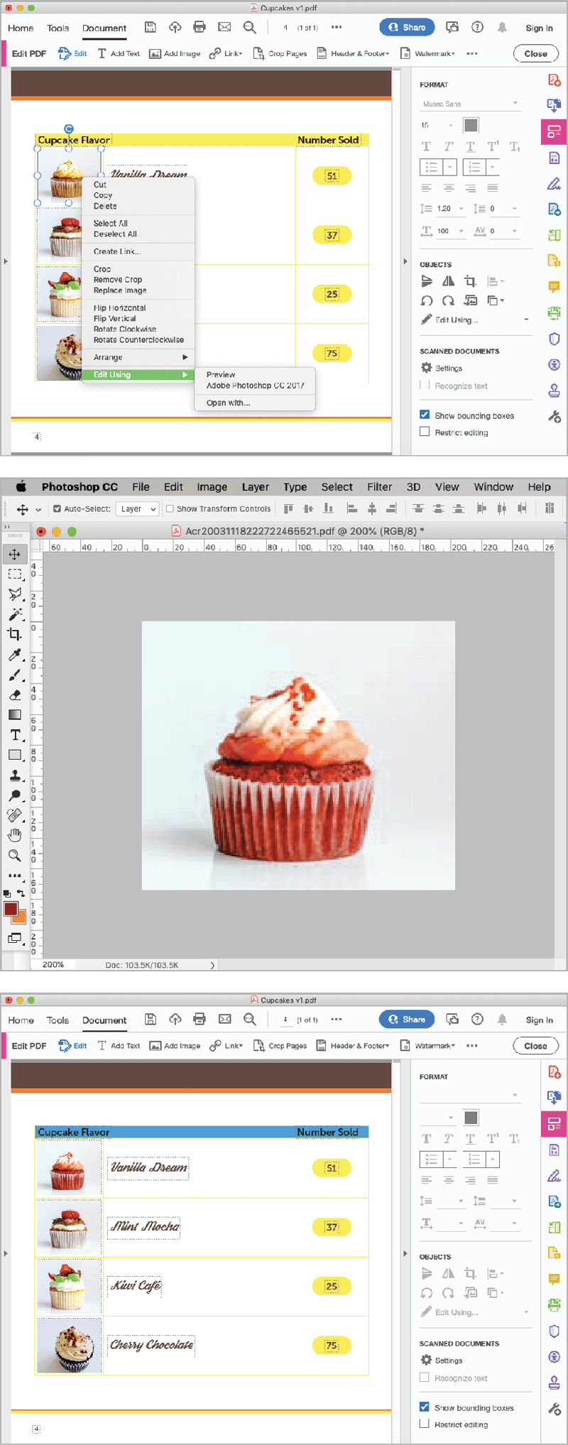 Figure 9. All it takes is a visit to the context menu to edit a selected image in Photoshop, Illustrator, or any other image-editing program. You could even delete the image and paste in a whole different cupcake.