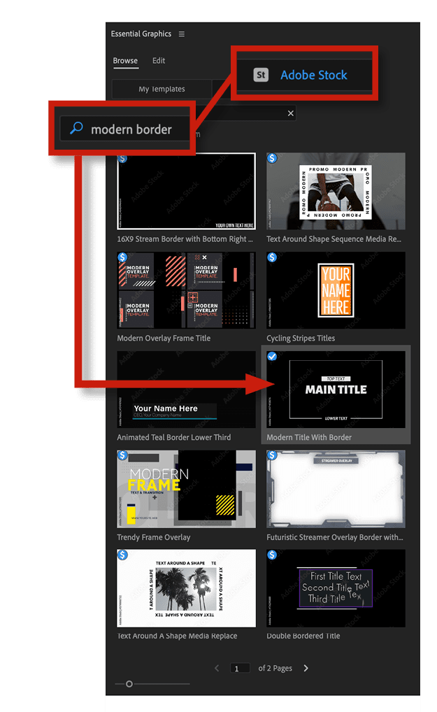 Figure 10. Search Adobe Stock for modern border in the Essential Graphics panel to locate and download a free template named Modern Title with Border.