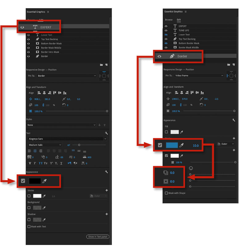 Figure 13. Use the object list in the Essential Graphics panel to target and edit specific properties of the template, including fill and border colors, text color, border, and shadow properties.