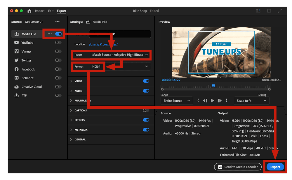Figure 15. To achieve a good quality video at a reasonable file size, try the Match Source—Adaptive High Bitrate preset, and set the format to H.264. 