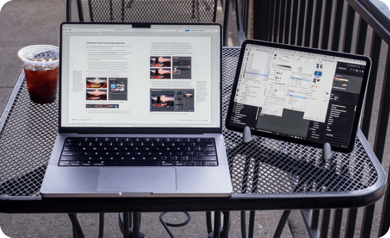Figure 2. A 14-inch MacBook Pro laptop devoting most of its screen to an Adobe InDesign book layout, because InDesign panels were moved to an 11-inch iPad Pro that’s extending the Mac display