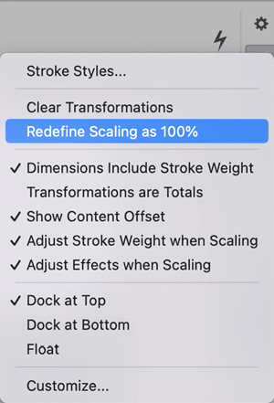 Figure 3. Reset any text transformations back to 0 from the Control panel menu.