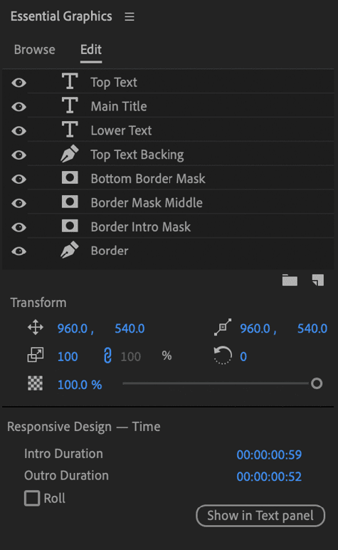 Figure 5. Each MOGRT contains a custom set of properties, depending on the specific template and the design choices of the template’s designer. 