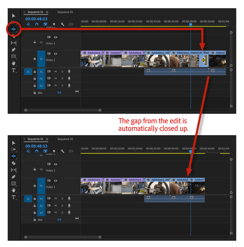 Figure 8. After adjusting a video clip with the Ripple Edit tool, the video clips on the timeline will automatically move to fill in the gaps the edit creates.