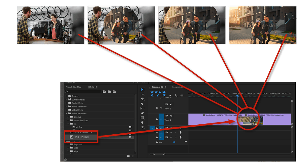 Figure 9. Adding a transition between clips allows you to add visual interest when switching between clips in your final video.