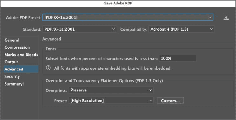 Figure 9. Flattener settings when exporting a PDF from Illustrator