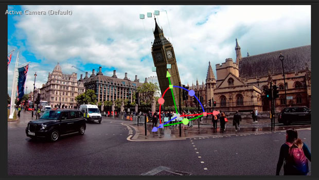 Screenshot from Adobe After Effects showing a 3D model of the Big Ben clock in London being animated