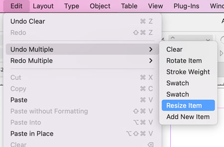 The Adobe InDesign Edit menu showing the MultiDo plugin commands Undo Multiple and Redo Multiple