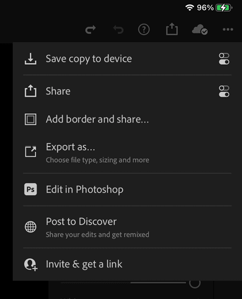 Figure 10. The Lightroom for mobile app’s Share panel
