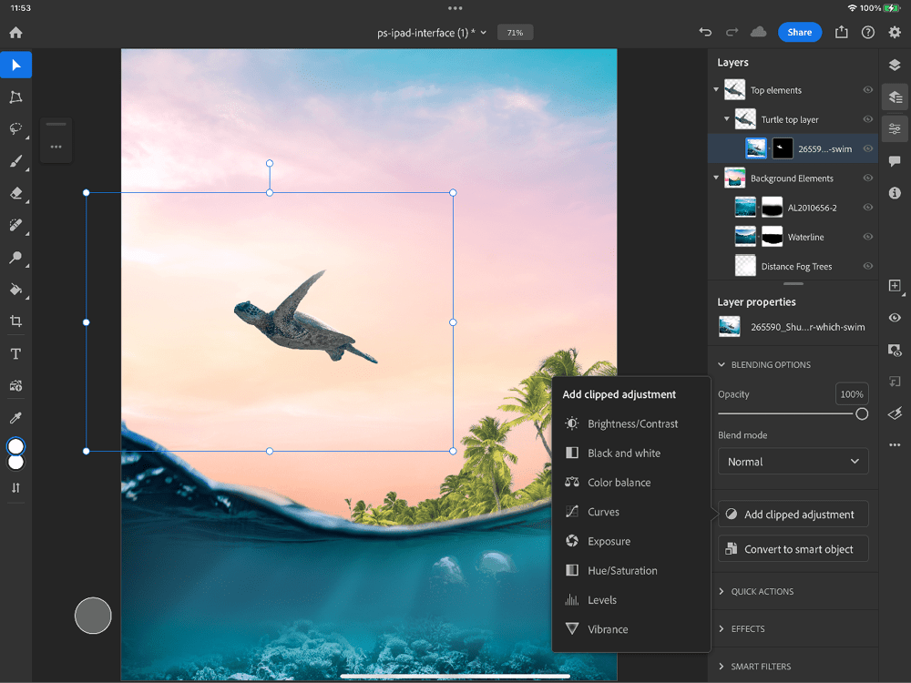 Figure 12. Add a clipped Curves adjustment layer to lighten the turtle.