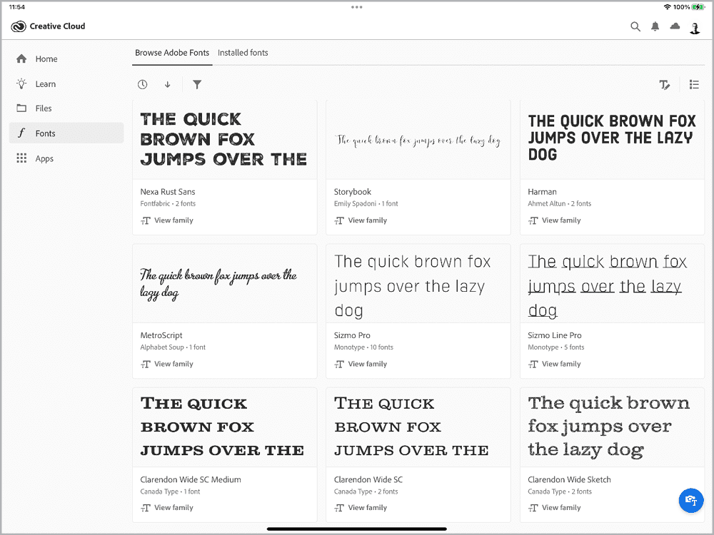 Figure 14. The Creative Cloud app lets you use Adobe Fonts in any of the apps on your iPad—not just Adobe’s offerings.