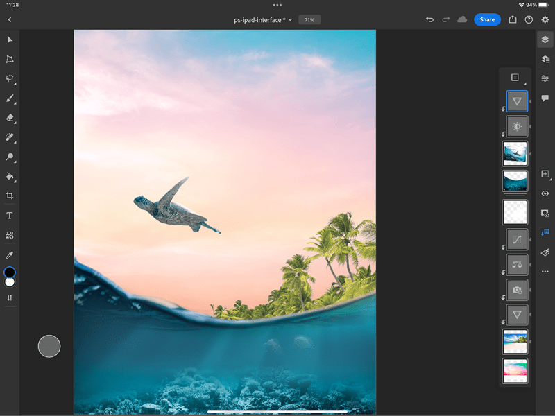 Figure 1. Photoshop on the iPad puts a touchscreen-user-centric interface atop the Photoshop desktop code.