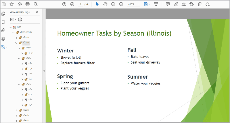 Figure 20. Like InDesign, PowerPoint creates container tags for each text box, adding unnecessary tags to the document.