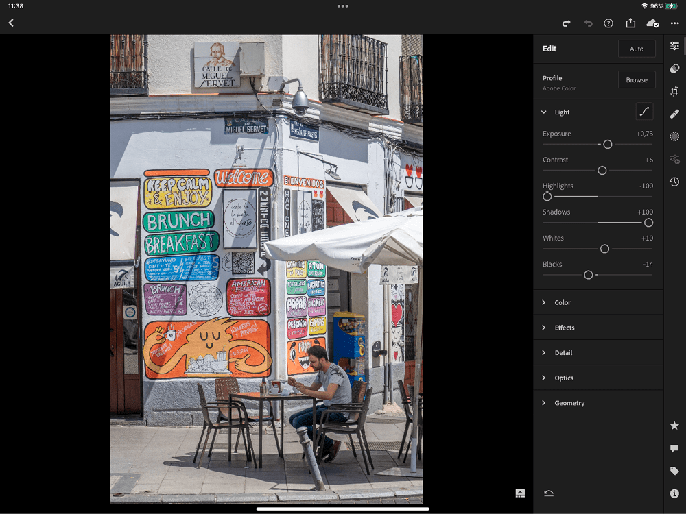 Figure 9. Adjust any of the settings in Lightroom for mobile.