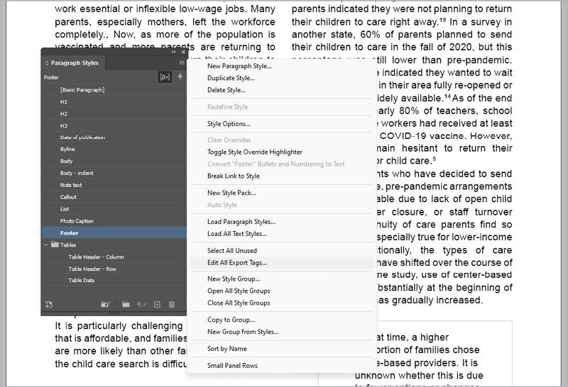 Figure 9. Use the Paragraph Styles panel menu to access the Edit All Export Tags dialog box.