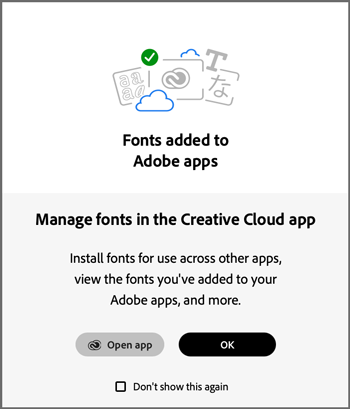 Screenshot of Adobe Creative Cloud website showing fonts added only for use in Adobe apps