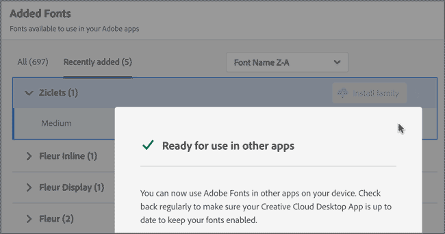 Screenshot of Adobe Creative Cloud Desktop App showing installed fonts