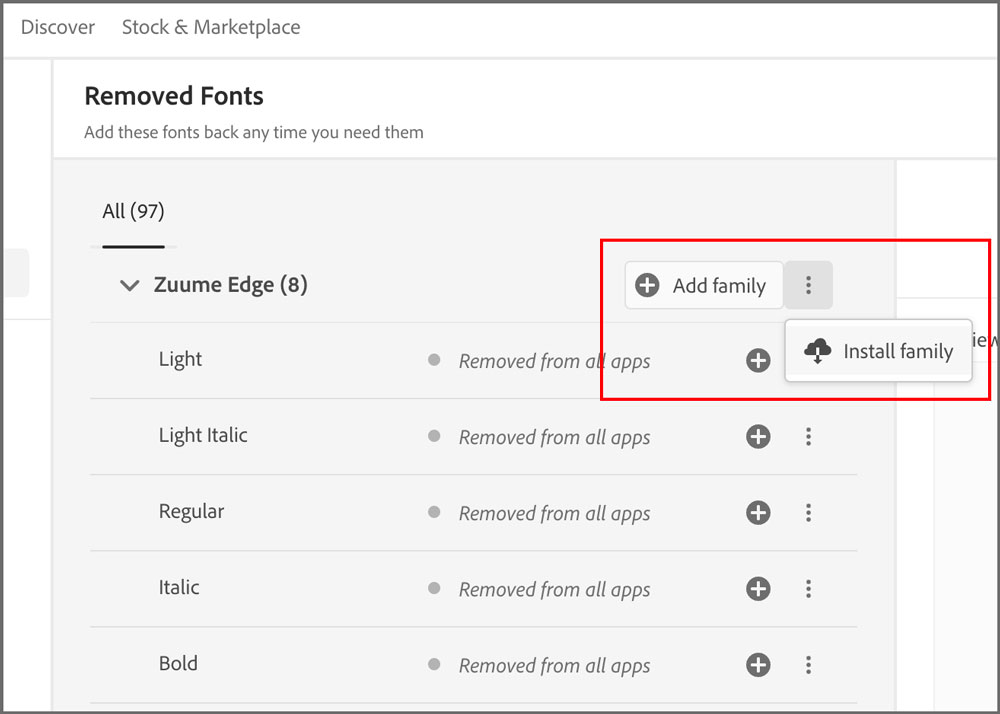 Screenshot showing Removed Fonts, and the ability to Add or Install them in the Adobe Creative Cloud Desktop App