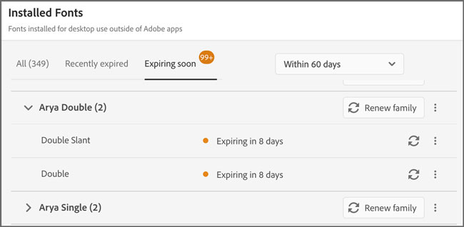Screenshot showing Expiring Fonts in the Adobe Creative Cloud Desktop App