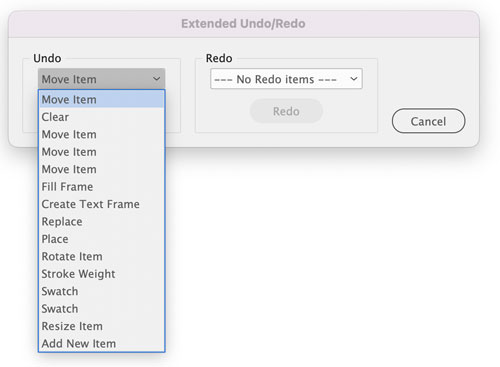 Dialog box in Adobe InDesign for Extended Undo/Redo script