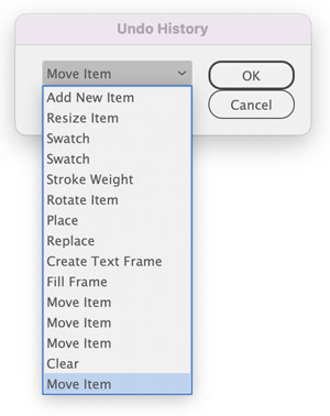 Dialog box in Adobe InDesign for Undo History created by in-tools History scripts