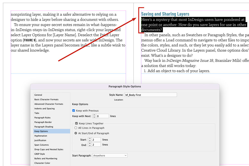 Illustration of InDesign Keep Options, showing how they keep a headline with the next paragraph