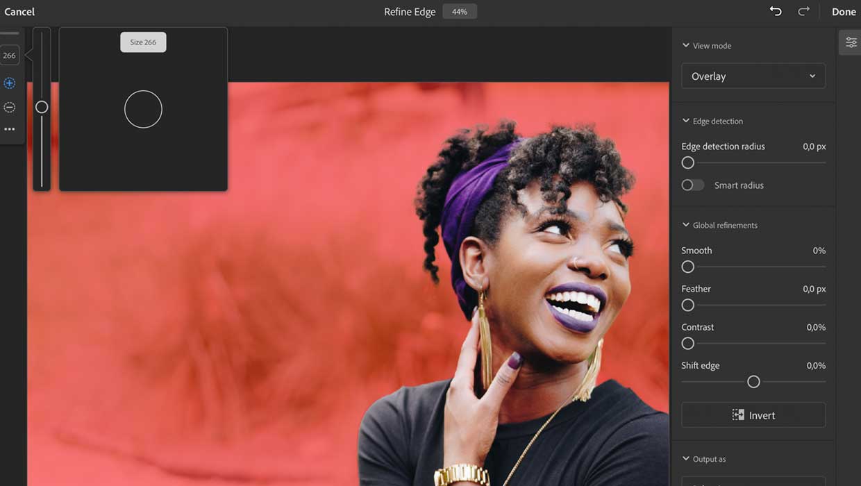 user interface of Adobe Photoshop on iPad showing the Refine Edge command for adjusting selections in QuickMask mode