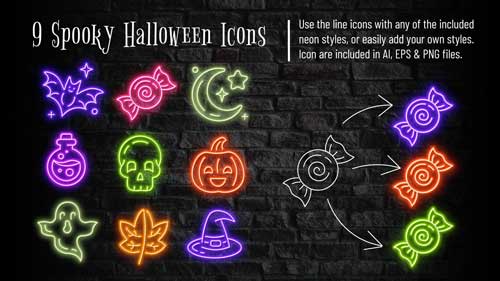 Neon Halloween graphic styles and icons for Adobe Illustrator