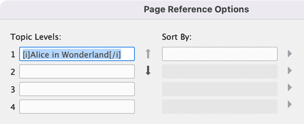 Page Reference Options dialog box in Adobe InDesign showing custom tags applied to Topic Levels for the purpose of Find/Change to apply italics to a
<!--more-- srcset=