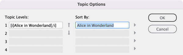 Topic Options dialog box in Adobe InDesign showing how to control the sorting order of index entries