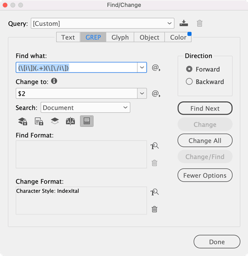 Find/Change dialog in Adobe InDesign showing the GREP expression for replacing a custom tag with italics in an index