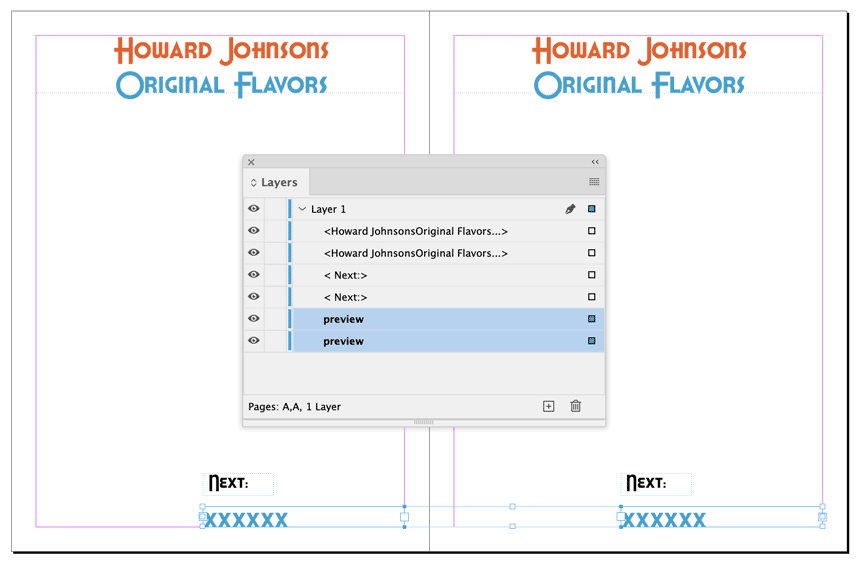 screenshot of Adobe  InDesign template parent pages with Howard Johnson's ice cream flavors