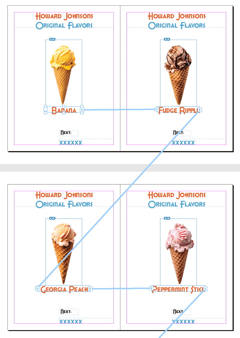 screenshot of Adobe  InDesign document pages with Howard Johnson's ice cream flavors
