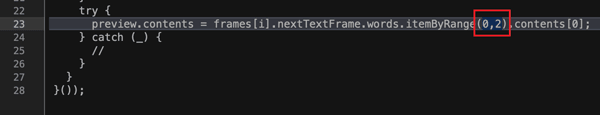 screenshot of InDesign script to sample text from the following page
