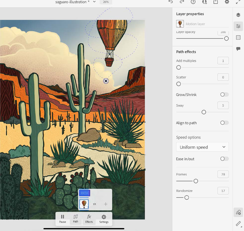 Figure 10. Drawing motion paths is a great way to get started creating animation in Fresco.