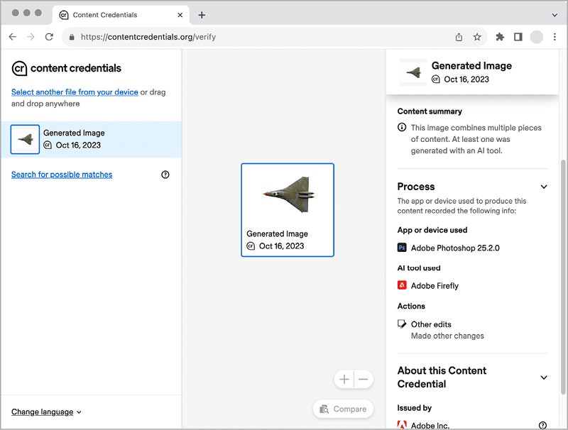 Figure 10. Reviewing the Content Credentials of an image exported from Photoshop and then uploaded to the Verify service 