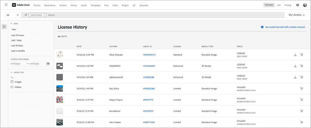 Figure 14. Many options are available to help you track down assets you licensed but can’t find the file for within your license history.