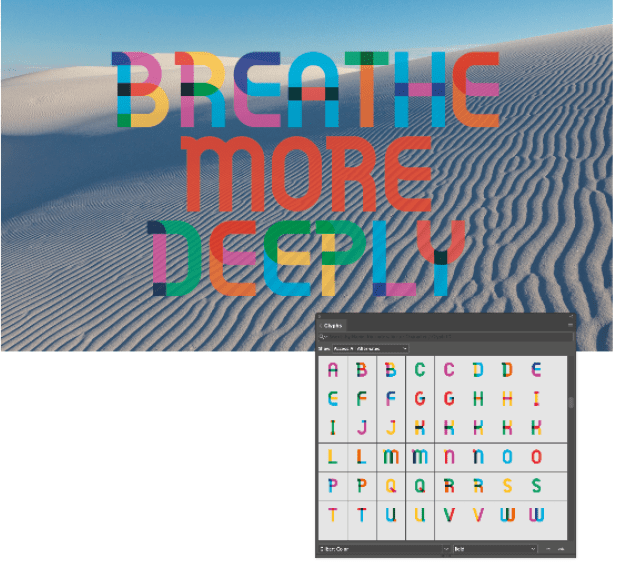 Figure 29. Gilbert Color, an early example of a color font, with alternate glyphs available in different colors