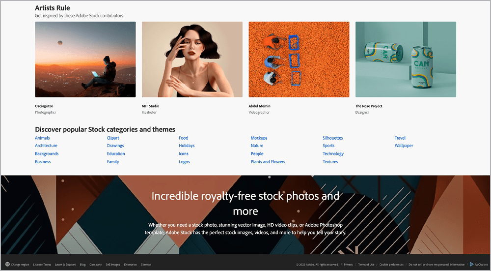 Figure 2. The Adobe Stock home page also includes Stock Contributors and popular categories and themes.