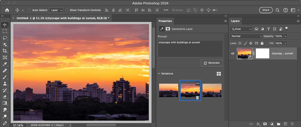 Figure 2. A Generative Fill result in Photoshop appears as a separate layer in the Layers panel, and with selectable Variations in the Properties panel. 