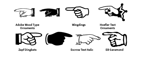 Figure 3. Examples of manicules from different typefaces